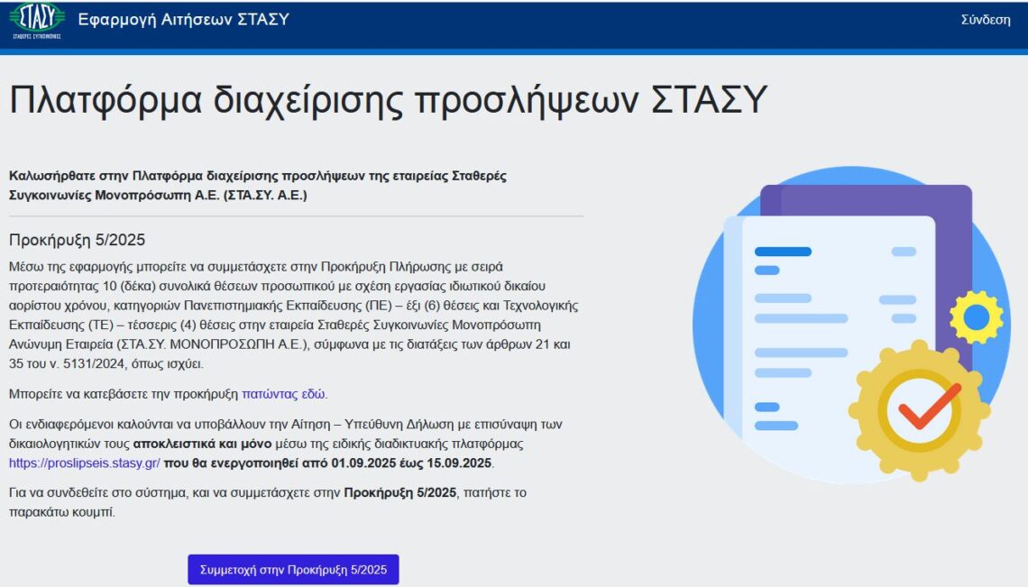 Προκήρυξη 5-2025. Σταθερές Συγκοινωνίες Μονοπρόσωπη Ανώνυμη Εταιρεία (ΣΤΑ.ΣΥ. ΜΟΝΟΠΡΟΣΩΠΗ Α.Ε.)