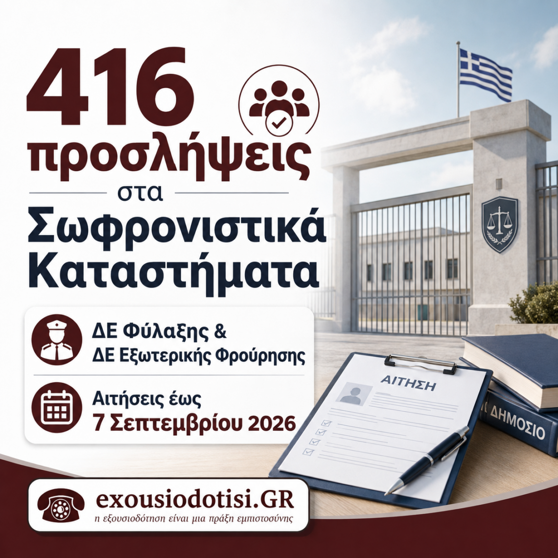 Προκήρυξη για 416 προσλήψεις ΔΕ Φύλαξης και ΔΕ Προσωπικού Εξωτερικής Φρούρησης στα Σωφρονιστικά Καταστήματα